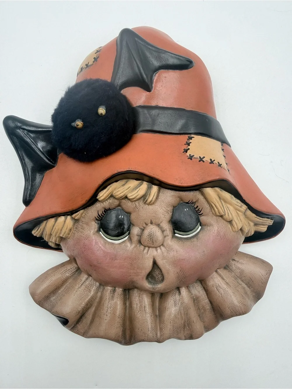 Adorable Vintage Hand Painted Scarecrow Halloween Ceramic Wall Hanging